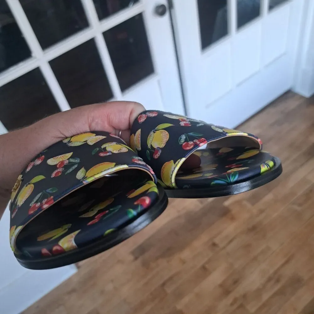 NEW Michael Kors Deanna Sequined Lemon Fruit Print Slide Sandals Black 9.5 Shoes